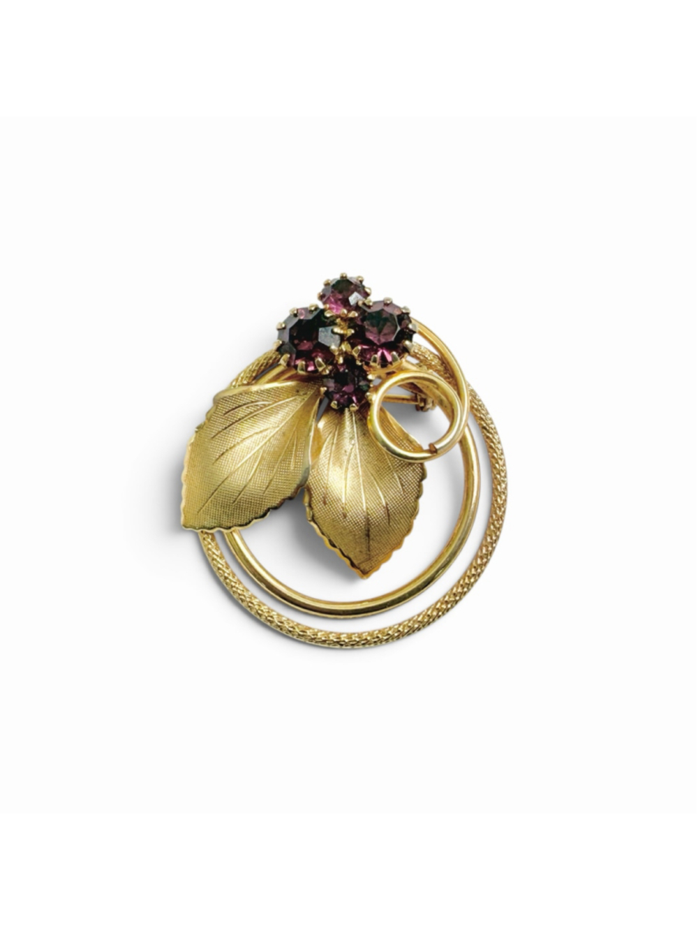 1940s Gold Plated Purple Rhinestone Floral Brooch, Vintage Flower Leaf Pin